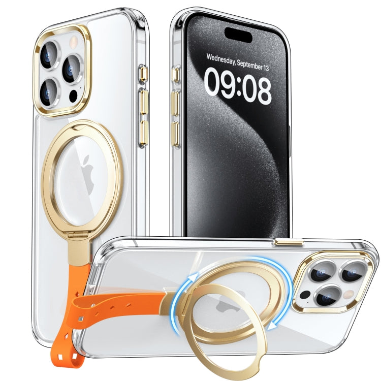 For iPhone 15 Pro Holder Hand Strap MagSafe Transparent Phone Case(Transparent Gold + Orange Strap) - iPhone 15 Pro Cases by buy2fix | Online Shopping UK | buy2fix