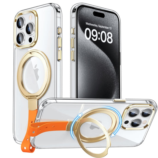 For iPhone 15 Pro Holder Hand Strap MagSafe Transparent Phone Case(Transparent Gold + Orange Strap) - iPhone 15 Pro Cases by buy2fix | Online Shopping UK | buy2fix