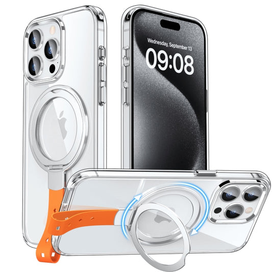 For iPhone 15 Pro Holder Hand Strap MagSafe Transparent Phone Case(Transparent Silver + Orange Strap) - iPhone 15 Pro Cases by buy2fix | Online Shopping UK | buy2fix