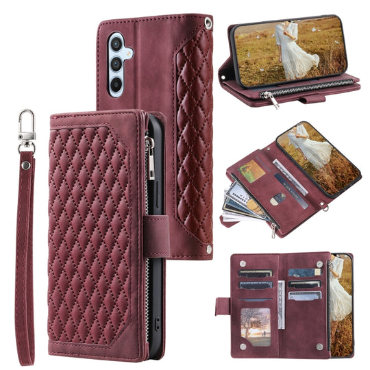 For Samsung Galaxy A16 5G Grid Texture Zipper Leather Phone Case with Lanyard(Wine Red)