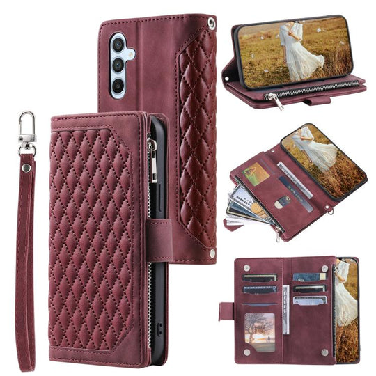 For Samsung Galaxy A57 5G Grid Texture Zipper Leather Phone Case with Lanyard(Wine Red)