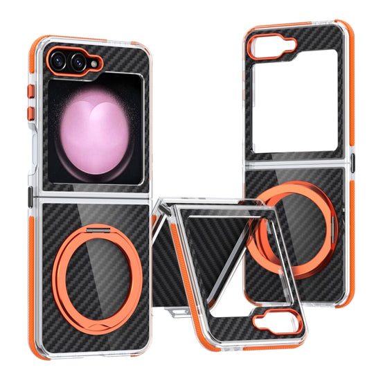 For Samsung Galaxy Z Flip6 / Flip7 FE Dual-Color Carbon Fiber 360 Rotating Holder Phone Case(Orange)