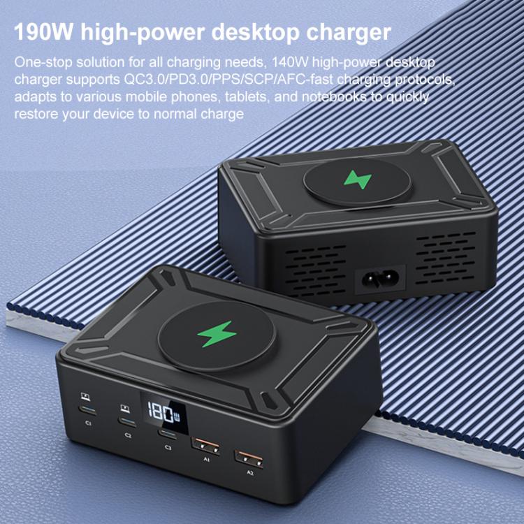 190W LED Display 3 x Type-C + 2 x USB Multi Ports Charger Support QI Wireless Charging(US Plug) - Multifunction Charger by buy2fix | Online Shopping UK | buy2fix