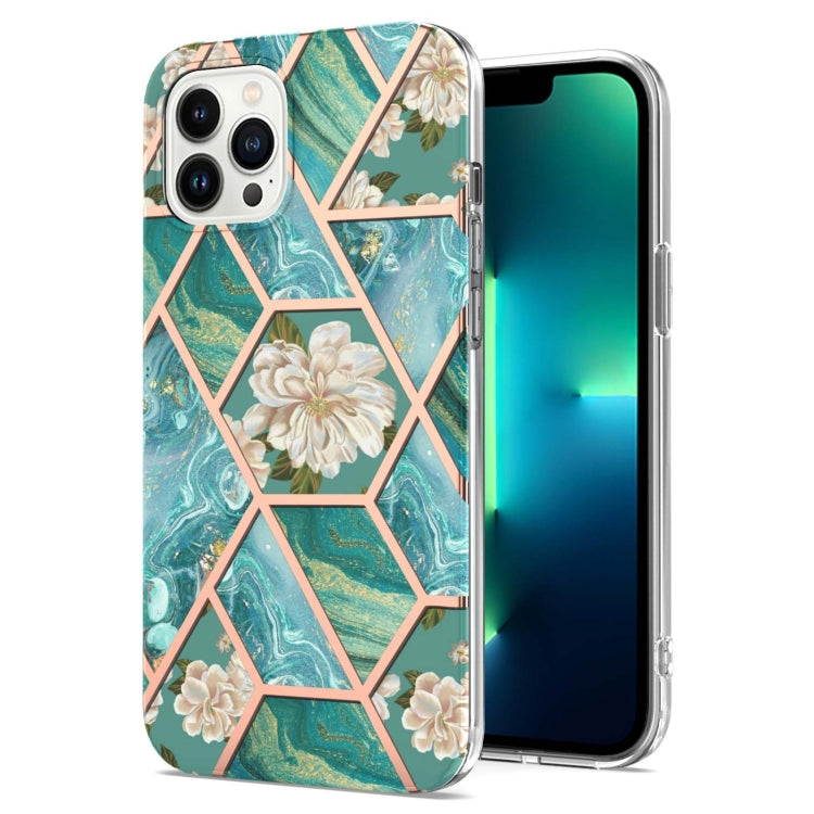For iPhone 16 Pro Max Splicing Marble Flower IMD TPU Phone Case(Blue Flower) by buy2fix