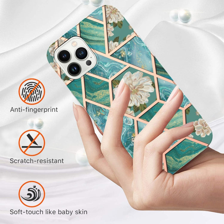 For iPhone 16 Pro Max Splicing Marble Flower IMD TPU Phone Case(Blue Flower) by buy2fix