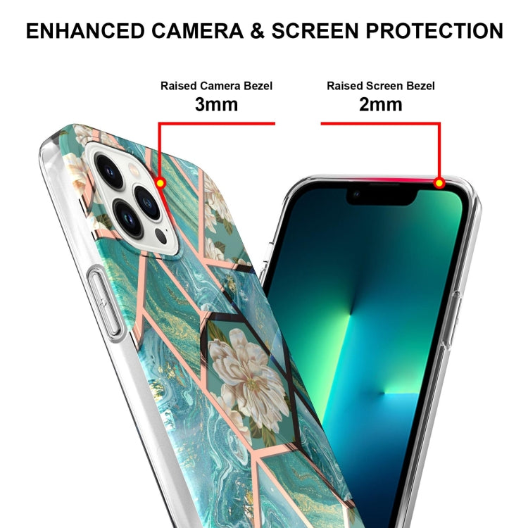 For iPhone 16 Pro Max Splicing Marble Flower IMD TPU Phone Case(Blue Flower) by buy2fix