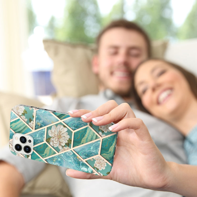 For iPhone 16 Pro Max Splicing Marble Flower IMD TPU Phone Case(Blue Flower) by buy2fix