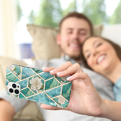 For iPhone 16 Pro Max Splicing Marble Flower IMD TPU Phone Case(Blue Flower) by buy2fix