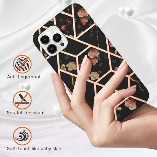 For iPhone 16 Pro Max Splicing Marble Flower IMD TPU Phone Case(Black Flower) by buy2fix