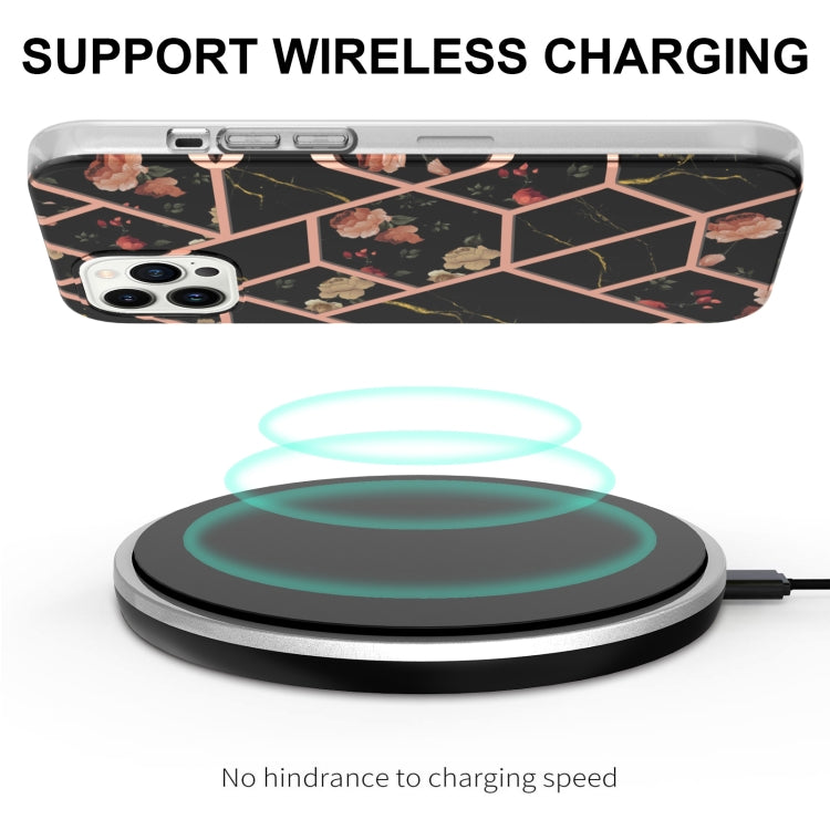 For iPhone 16 Pro Max Splicing Marble Flower IMD TPU Phone Case(Black Flower) by buy2fix