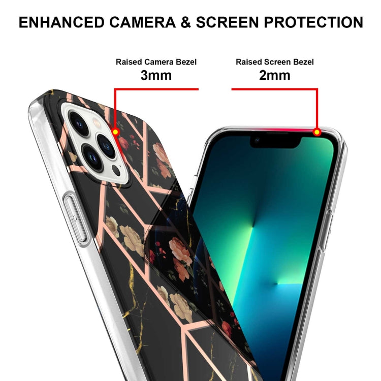 For iPhone 16 Pro Max Splicing Marble Flower IMD TPU Phone Case(Black Flower) by buy2fix