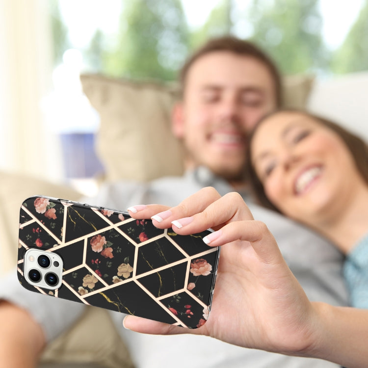 For iPhone 16 Pro Max Splicing Marble Flower IMD TPU Phone Case(Black Flower) by buy2fix