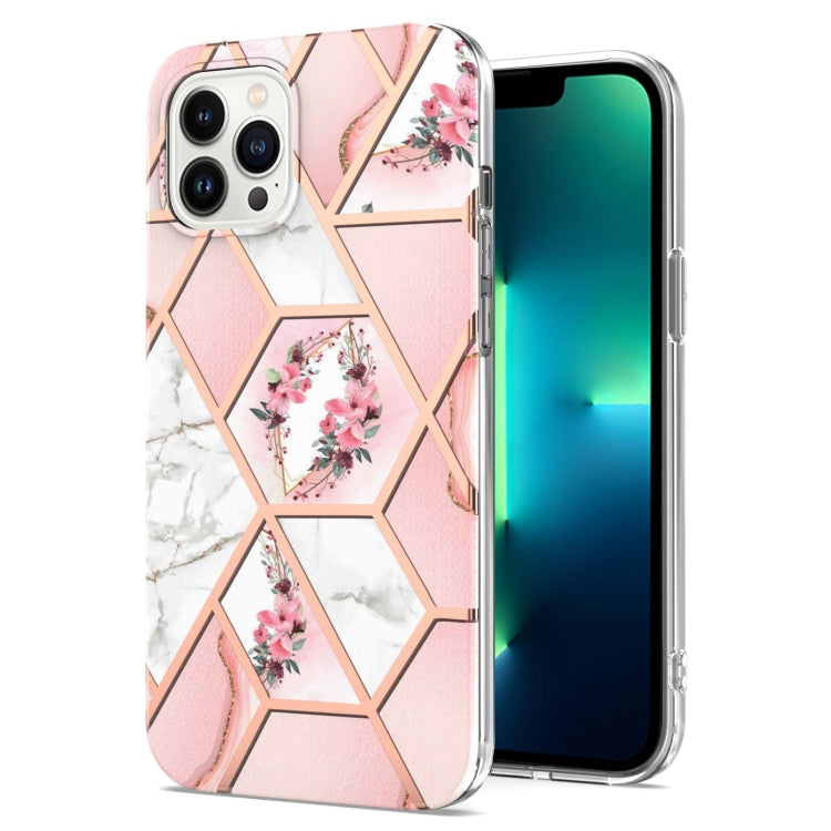 For iPhone 16 Pro Max Splicing Marble Flower IMD TPU Phone Case(Pink Flower) by buy2fix