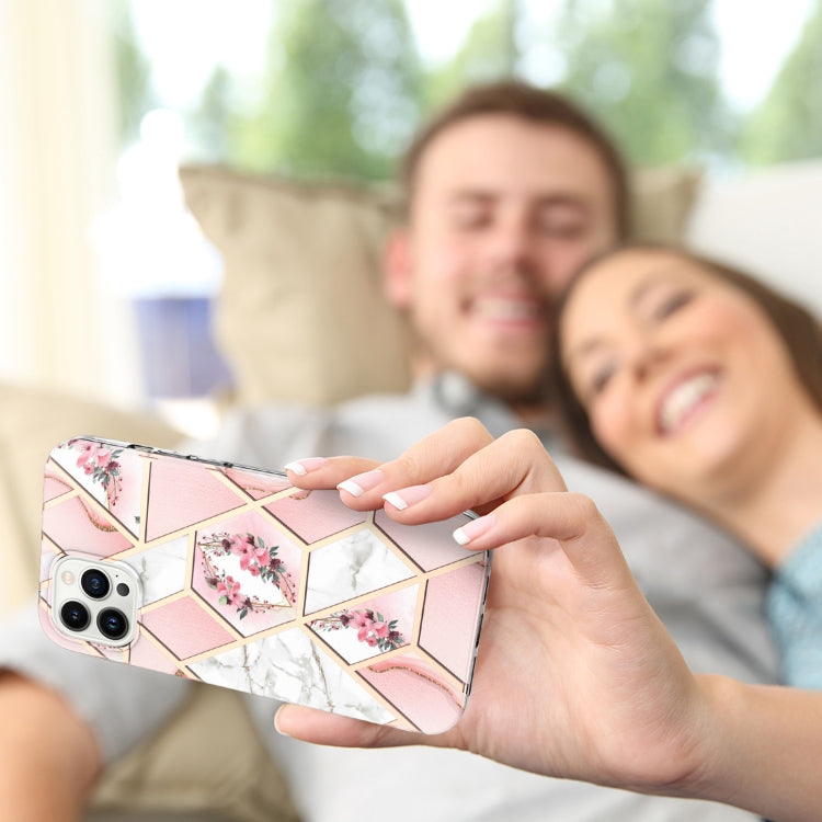 For iPhone 16 Pro Max Splicing Marble Flower IMD TPU Phone Case(Pink Flower) by buy2fix