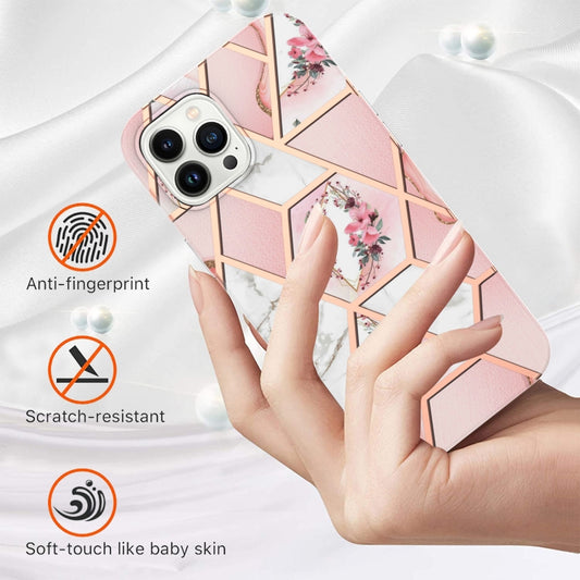 For iPhone 16 Pro Splicing Marble Flower IMD TPU Phone Case(Pink Flower) by buy2fix
