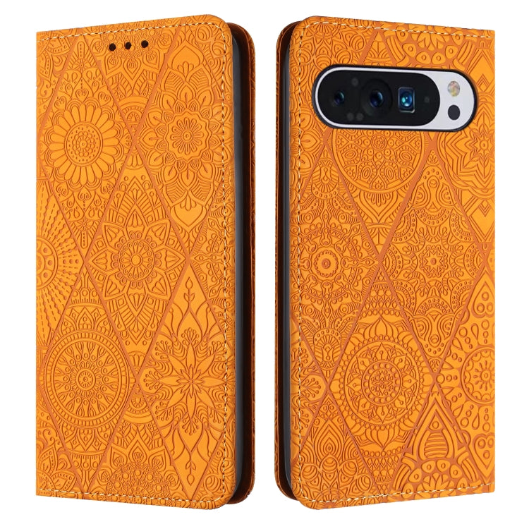 For Google Pixel 9 / 9 Pro Ethnic Embossed Adsorption Leather Phone Case(Yellow) by buy2fix