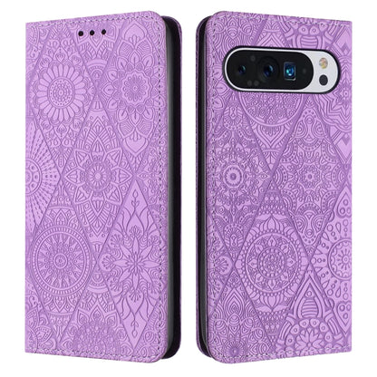 For Google Pixel 9 / 9 Pro Ethnic Embossed Adsorption Leather Phone Case(Purple) by buy2fix