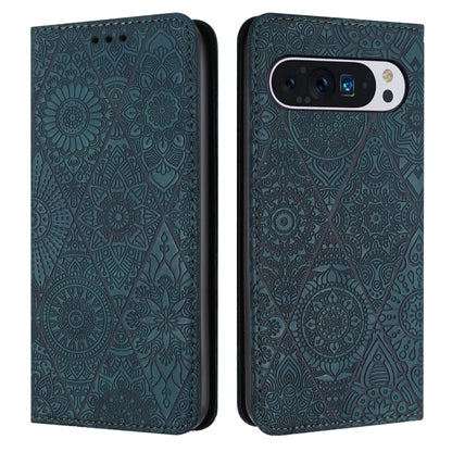 For Google Pixel 9 / 9 Pro Ethnic Embossed Adsorption Leather Phone Case(Blue) by buy2fix