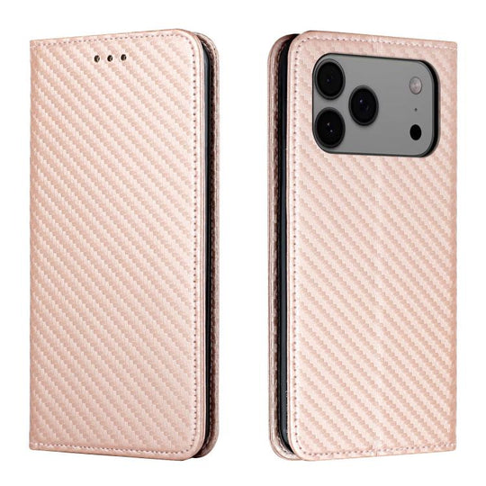 For iPhone 18 Pro Max / 17 Pro Max Carbon Fiber Texture Magnetic Flip Leather Phone Case(Rose Gold)