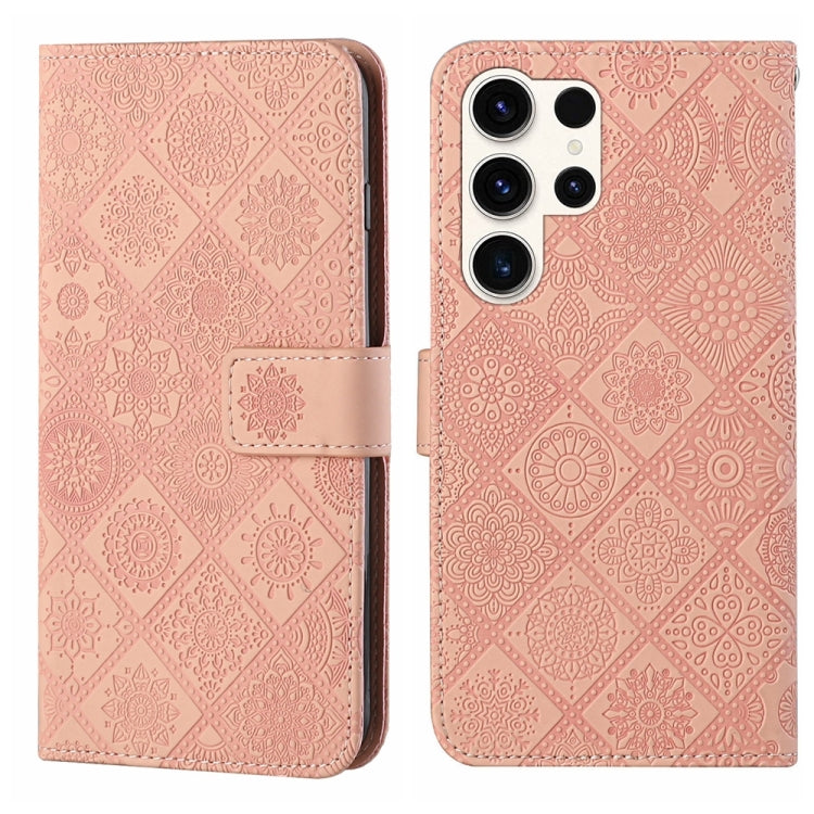 For Samsung Galaxy S25 Ultra 5G Ethnic Style Embossed Pattern Leather Phone Case(Pink) by buy2fix