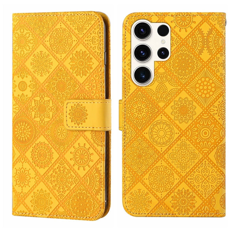 For Samsung Galaxy S25 Ultra 5G Ethnic Style Embossed Pattern Leather Phone Case(Yellow) by buy2fix