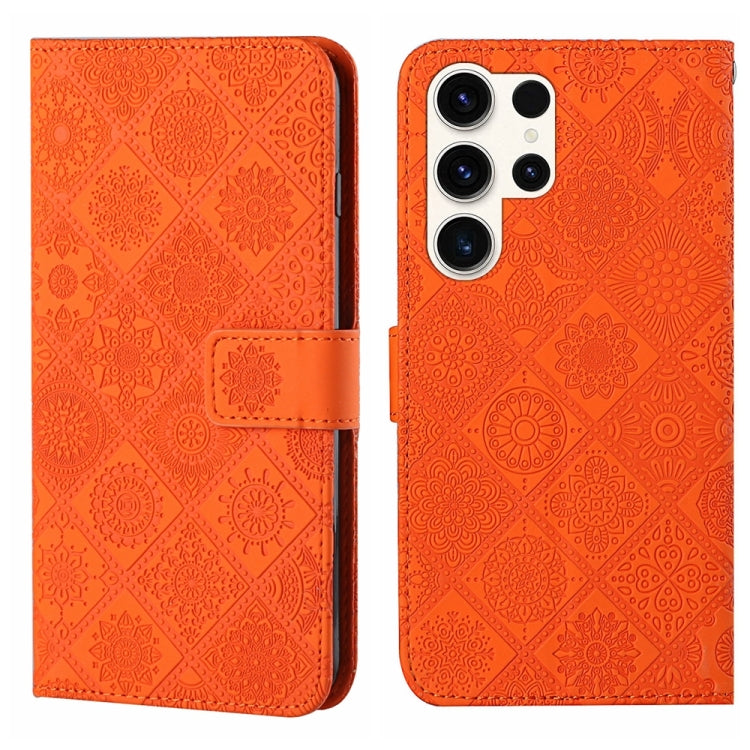 For Samsung Galaxy S25 Ultra 5G Ethnic Style Embossed Pattern Leather Phone Case(Orange) by buy2fix