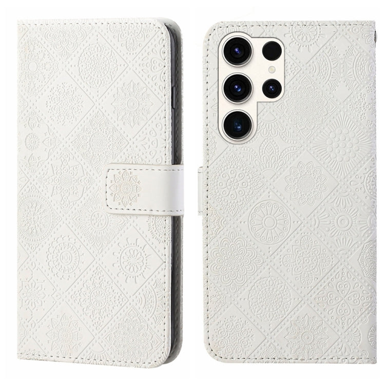 For Samsung Galaxy S25 Ultra 5G Ethnic Style Embossed Pattern Leather Phone Case(White) by buy2fix