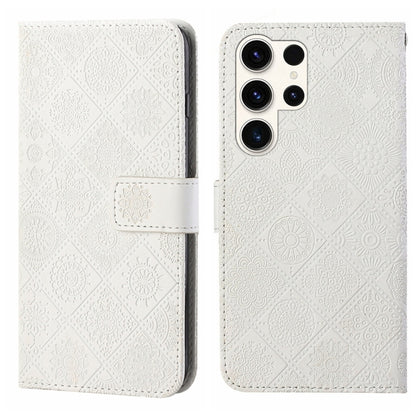 For Samsung Galaxy S25 Ultra 5G Ethnic Style Embossed Pattern Leather Phone Case(White) by buy2fix