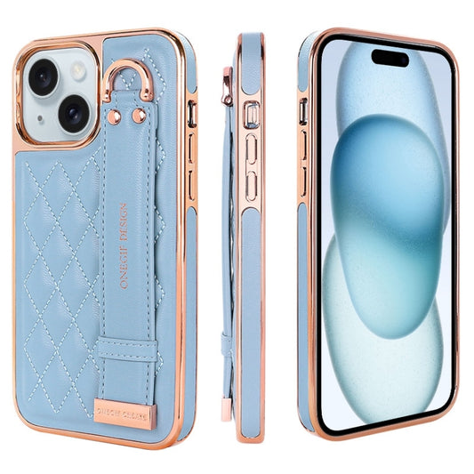For iPhone 15 Plus VIETAO Rhombic Texture Wristband PU Phone Case(Blue) - iPhone 15 Plus Cases by VIETAO | Online Shopping UK | buy2fix