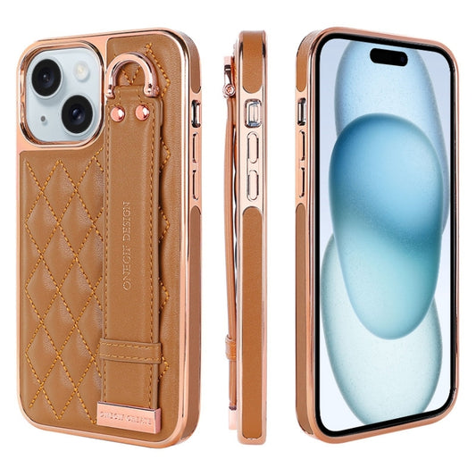 For iPhone 15 Plus VIETAO Rhombic Texture Wristband PU Phone Case(Brown) - iPhone 15 Plus Cases by VIETAO | Online Shopping UK | buy2fix