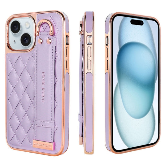 For iPhone 15 Plus VIETAO Rhombic Texture Wristband PU Phone Case(Purple) - iPhone 15 Plus Cases by VIETAO | Online Shopping UK | buy2fix