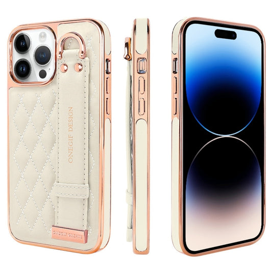 For iPhone 14 Pro VIETAO Rhombic Texture Wristband PU Phone Case(White) - iPhone 14 Pro Cases by VIETAO | Online Shopping UK | buy2fix
