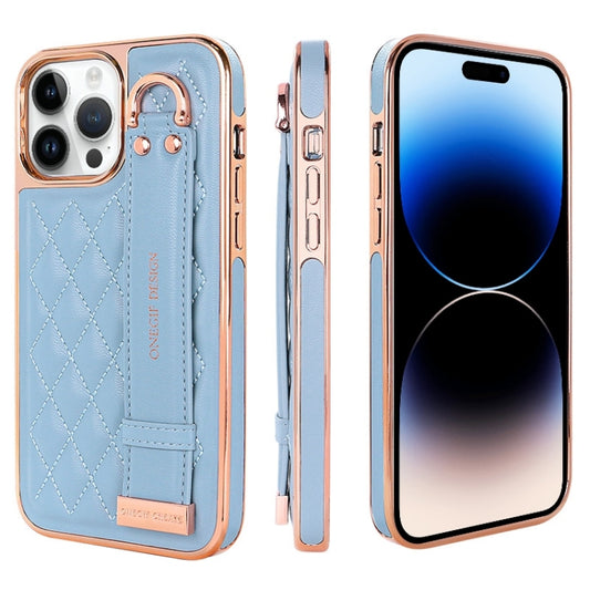 For iPhone 14 Pro VIETAO Rhombic Texture Wristband PU Phone Case(Blue) - iPhone 14 Pro Cases by VIETAO | Online Shopping UK | buy2fix