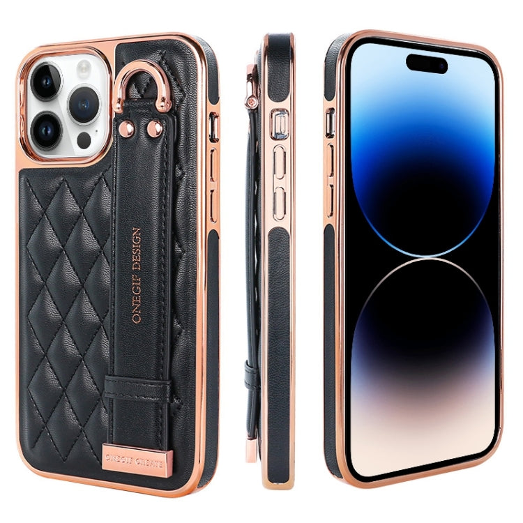 For iPhone 14 Pro VIETAO Rhombic Texture Wristband PU Phone Case(Black) - iPhone 14 Pro Cases by VIETAO | Online Shopping UK | buy2fix