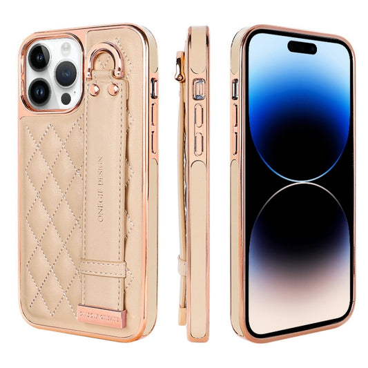For iPhone 14 Pro VIETAO Rhombic Texture Wristband PU Phone Case(Pink) - iPhone 14 Pro Cases by VIETAO | Online Shopping UK | buy2fix