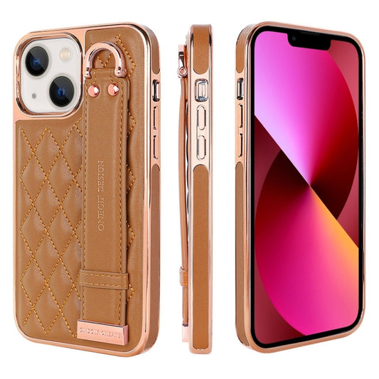 For iPhone 13 VIETAO Rhombic Texture Wristband PU Phone Case(Brown) - iPhone 13 Cases by VIETAO | Online Shopping UK | buy2fix