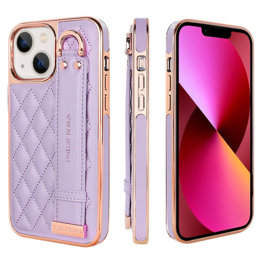 For iPhone 13 VIETAO Rhombic Texture Wristband PU Phone Case(Purple) - iPhone 13 Cases by VIETAO | Online Shopping UK | buy2fix