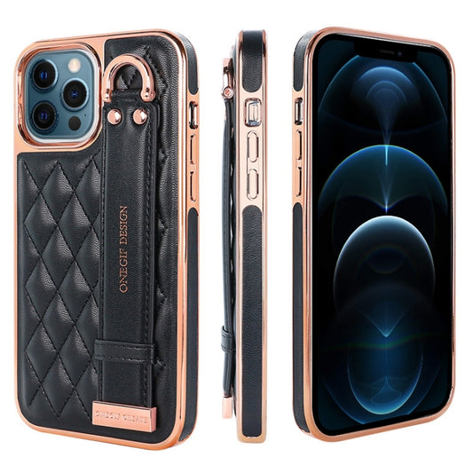 For iPhone 12 Pro Max VIETAO Rhombic Texture Wristband PU Phone Case(Black) - iPhone 12 Pro Max Cases by VIETAO | Online Shopping UK | buy2fix