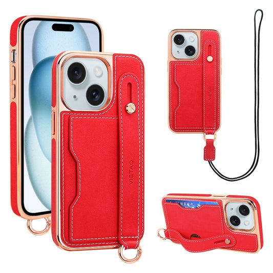 For iPhone 15 Plus VIETAO Card Slot Wristband Phone Case with Lanyard(Red) - iPhone 15 Plus Cases by VIETAO | Online Shopping UK | buy2fix