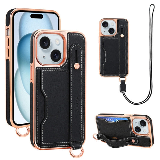 For iPhone 15 Plus VIETAO Card Slot Wristband Phone Case with Lanyard(Black) - iPhone 15 Plus Cases by VIETAO | Online Shopping UK | buy2fix