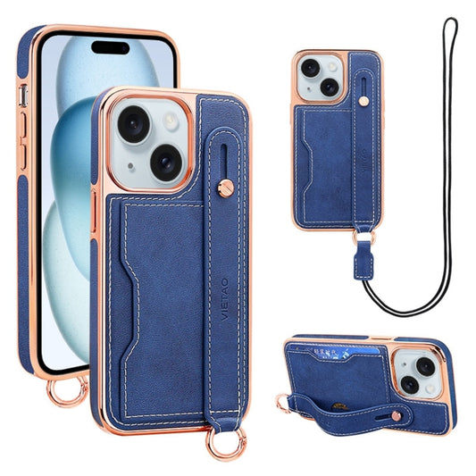 For iPhone 15 VIETAO Card Slot Wristband Phone Case with Lanyard(Blue) - iPhone 15 Cases by VIETAO | Online Shopping UK | buy2fix