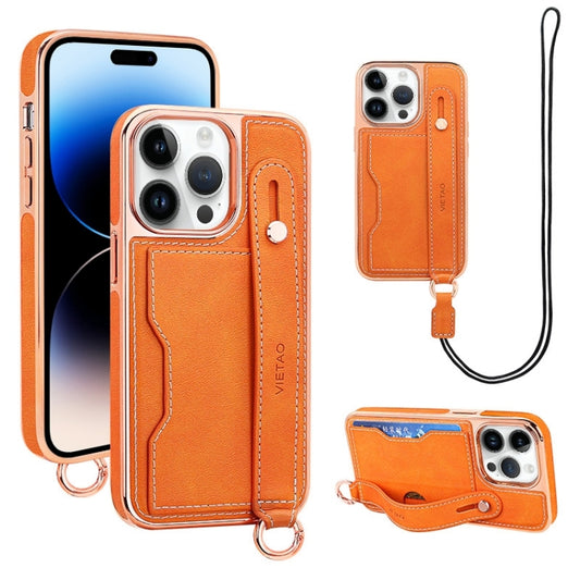 For iPhone 14 Pro Max VIETAO Card Slot Wristband Phone Case with Lanyard(Orange) - iPhone 14 Pro Max Cases by VIETAO | Online Shopping UK | buy2fix