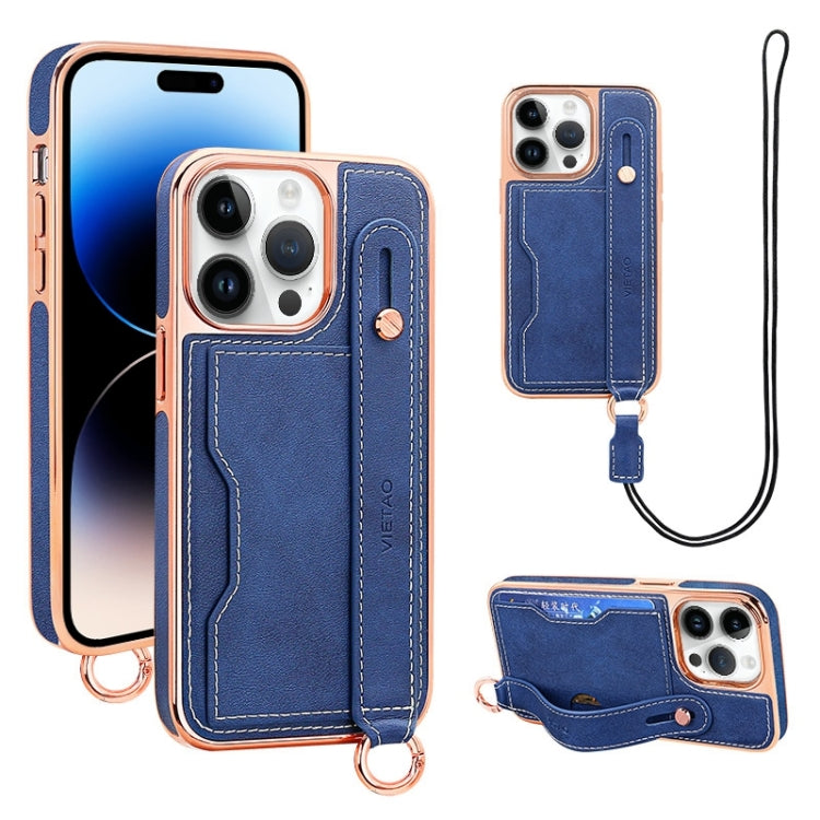 For iPhone 14 Pro Max VIETAO Card Slot Wristband Phone Case with Lanyard(Blue) - iPhone 14 Pro Max Cases by VIETAO | Online Shopping UK | buy2fix