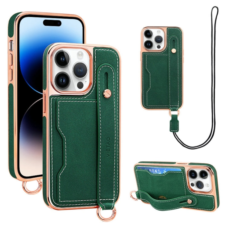 For iPhone 14 Pro Max VIETAO Card Slot Wristband Phone Case with Lanyard(Green) - iPhone 14 Pro Max Cases by VIETAO | Online Shopping UK | buy2fix