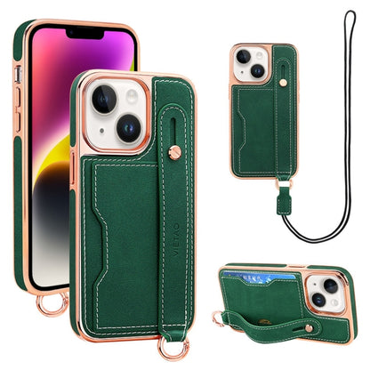 For iPhone 14 Plus VIETAO Card Slot Wristband Phone Case with Lanyard(Green) - iPhone 14 Plus Cases by VIETAO | Online Shopping UK | buy2fix
