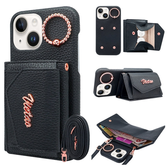 For iPhone 15 VIETAO Ring Holder Wallet PU Phone Case with Lanyard(Black)