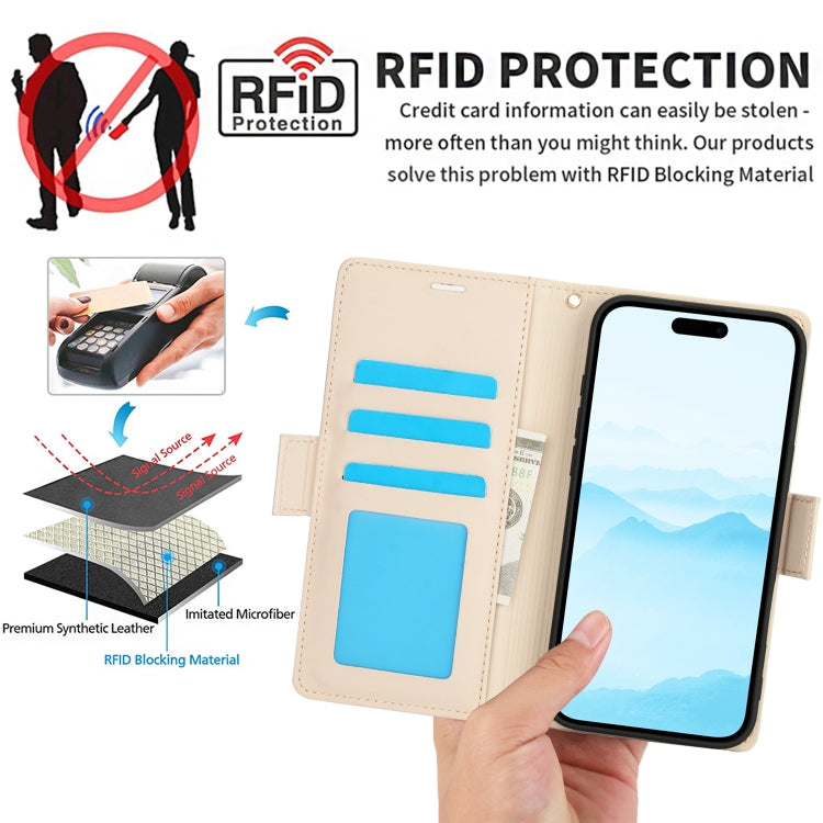 For iPhone 16 Plus Side Buckle RFID Anti-theft Leather Phone Case(Apricot) - iPhone 16 Plus Cases by buy2fix | Online Shopping UK | buy2fix