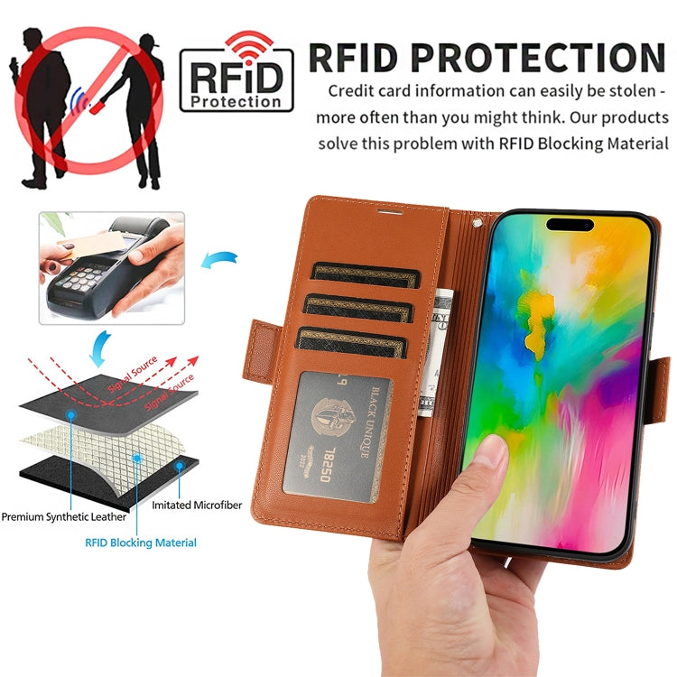 For iPhone 16 Pro Side Buckle RFID Anti-theft Leather Phone Case(Brown) by buy2fix