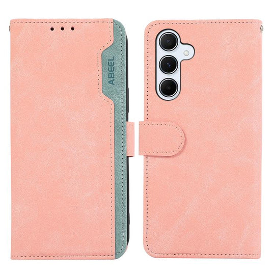 For Samsung Galaxy A17 5G/A18 5G ABEEL Color Block Magnetic RFID Leather Phone Case(Pink-Cyan)