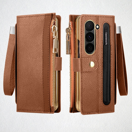 For Samsung Galaxy Z Fold5 VIETAO RFID Wallet Leather Phone Case with Wrist Strap(Brown) - Galaxy Z Fold5 Cases by VIETAO | Online Shopping UK | buy2fix